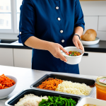 A professional woman, fully clothed in a smart casual outfit, effortlessly preparing a Korean meal kit in a brightly lit, modern kitchen. She is carefully adding pre-portioned ingredients into a pot on a clean countertop, with clearly labeled meal kit packaging visible nearby. The scene highlights convenience and efficiency for a busy lifestyle. The focus is on the ease of preparation and fresh, colorful ingredients. This image should be safe for work, appropriate content, modest, perfect anatomy, correct proportions, natural pose, well-formed hands, proper finger count, natural body proportions, high-quality photography.