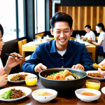 A diverse group of Vietnamese young adults and families, fully clothed in modest, contemporary casual attire, are happily gathered around a dining table in a bright, inviting restaurant setting. The table is laden with an array of beautifully presented Korean dishes, including vibrant Bibimbap, golden Kimbap, a steaming hot pot, and crispy Korean fried chicken. The atmosphere is warm and family-friendly, emphasizing shared enjoyment. The subjects display perfect anatomy, correct proportions, natural poses, well-formed hands, and proper finger count. The scene is well-lit, rendered with professional photography quality, realistic, safe for work, and appropriate content.