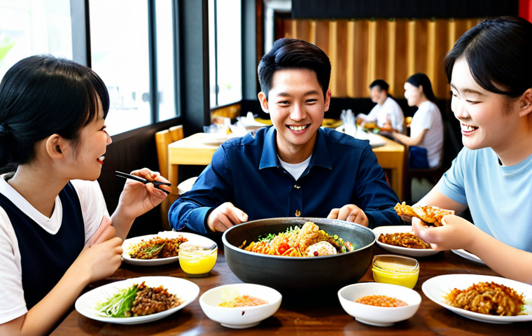 A diverse group of Vietnamese young adults and families, fully clothed in modest, contemporary casual attire, are happily gathered around a dining table in a bright, inviting restaurant setting. The table is laden with an array of beautifully presented Korean dishes, including vibrant Bibimbap, golden Kimbap, a steaming hot pot, and crispy Korean fried chicken. The atmosphere is warm and family-friendly, emphasizing shared enjoyment. The subjects display perfect anatomy, correct proportions, natural poses, well-formed hands, and proper finger count. The scene is well-lit, rendered with professional photography quality, realistic, safe for work, and appropriate content.